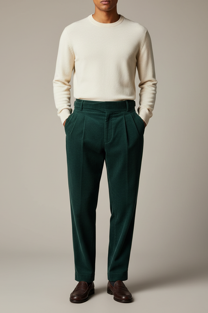 Pantalon À Pince Vert Côtelé Plissé Homme Droit - Cordé