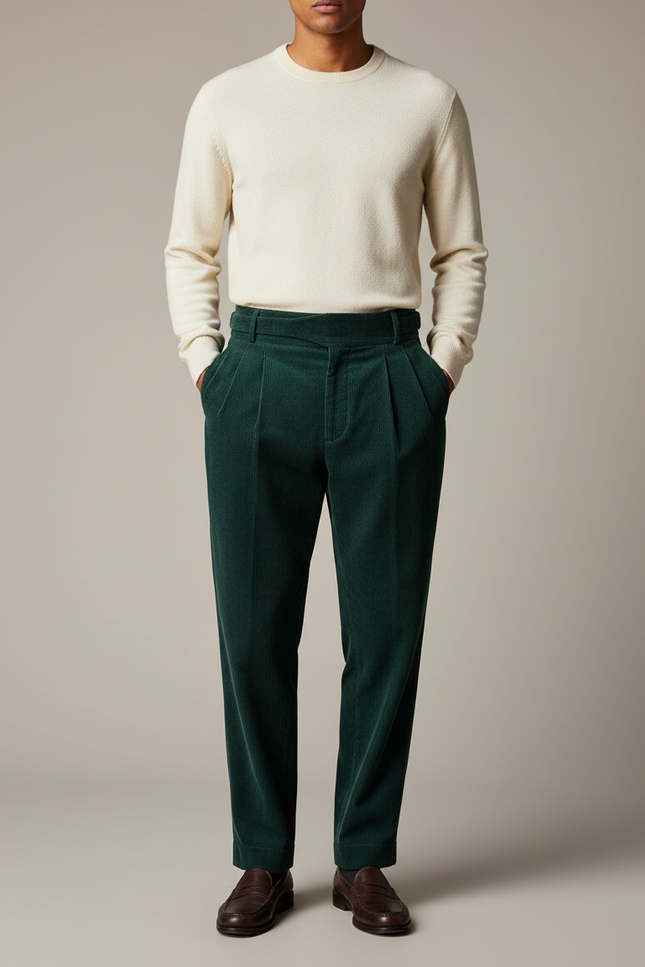 Pantalon À Pince Vert Côtelé Plissé Homme Droit - Cordé