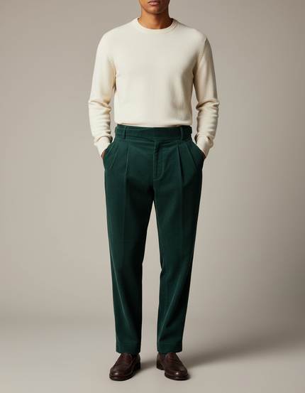 Pantalon À Pince Vert Côtelé Plissé Homme Droit - Cordé