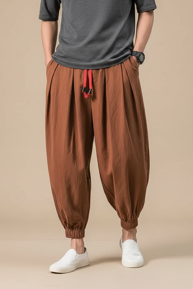 Pantalon À Pince Marron Ample Coton Décontracté Homme