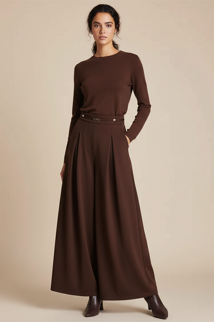 Pantalon À Pince Marron Ample Fluide Élégant Femme - Polyester