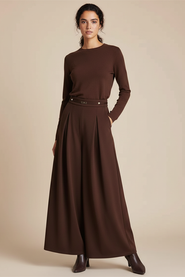 Pantalon À Pince Marron Ample Fluide Élégant Femme - Polyester