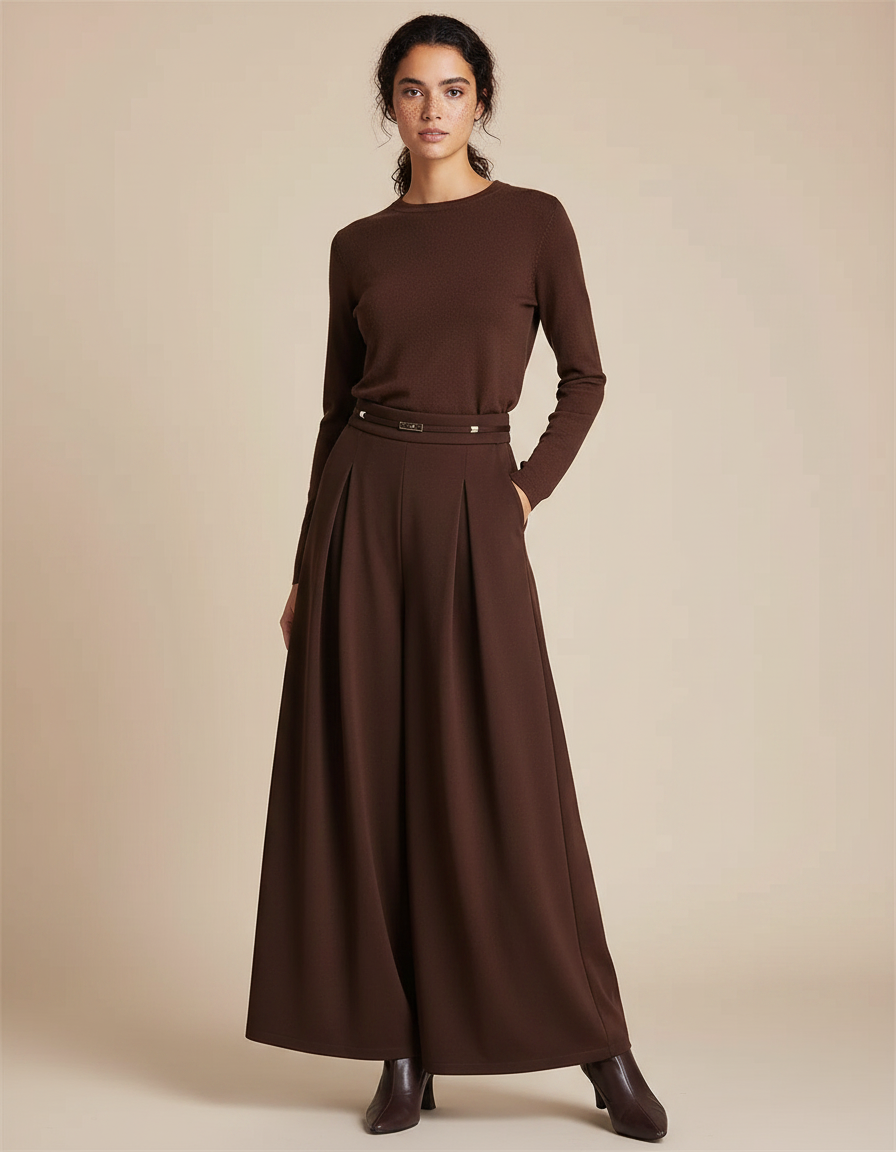 Pantalon À Pince Marron Ample Fluide Élégant Femme - Polyester