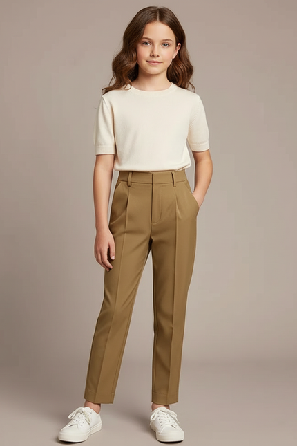 Pantalon À Pince Kaki Droit Taille Haute Élégant - Gabardine