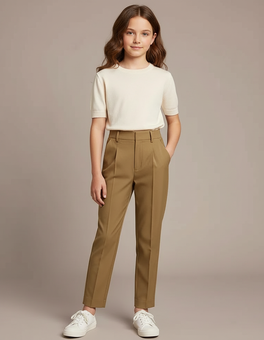 Pantalon À Pince Kaki Droit Taille Haute Élégant - Gabardine