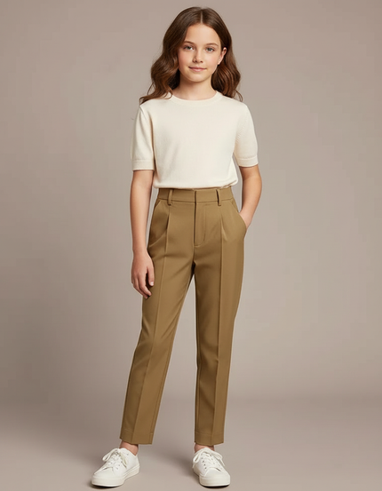 Pantalon À Pince Kaki Droit Taille Haute Élégant - Gabardine