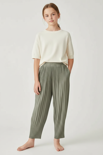 Pantalon À Pince Plissé Vert Ample Décontracté Fluide - Kaki Polyester