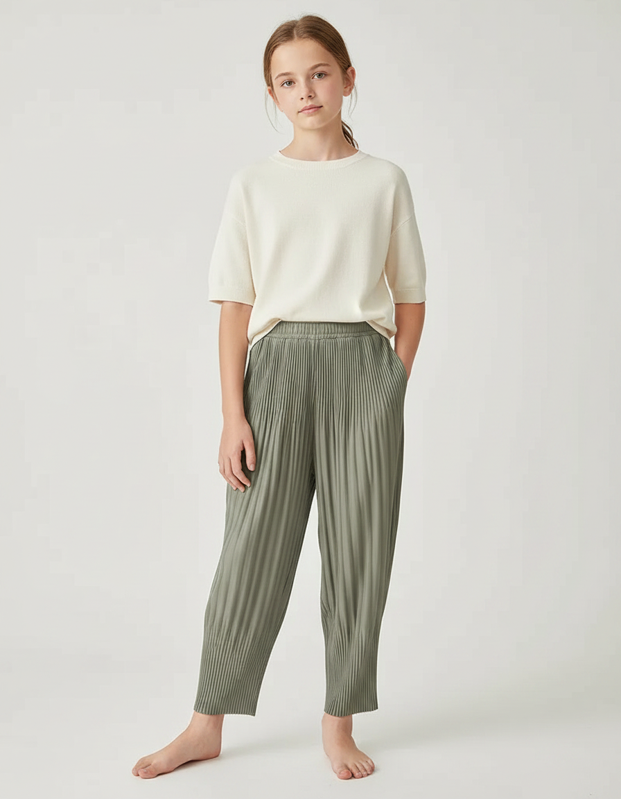 Pantalon À Pince Plissé Vert Ample Décontracté Fluide - Kaki Polyester