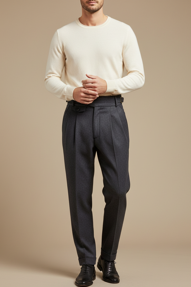Pantalon À Pince Gris Foncé Laine Plissé Droit Élégant