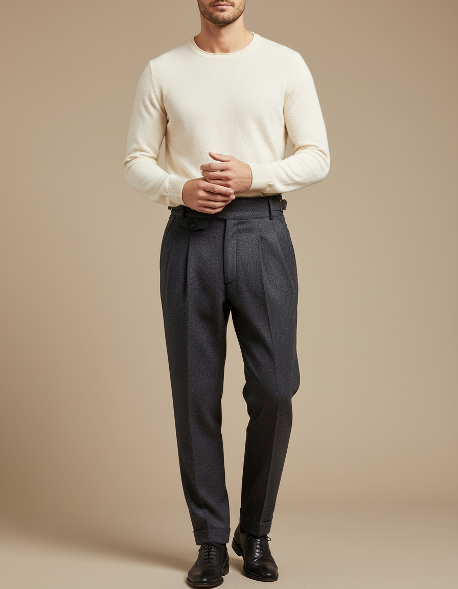 Pantalon À Pince Gris Foncé Laine Plissé Droit Élégant