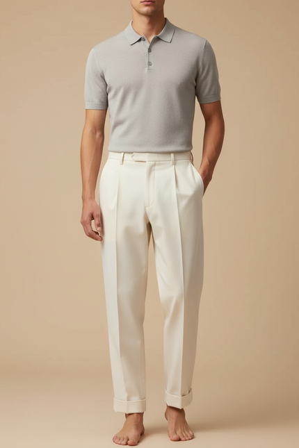 Pantalon À Pince Crème Plissé Large Élégant Homme - Beige Gabardine