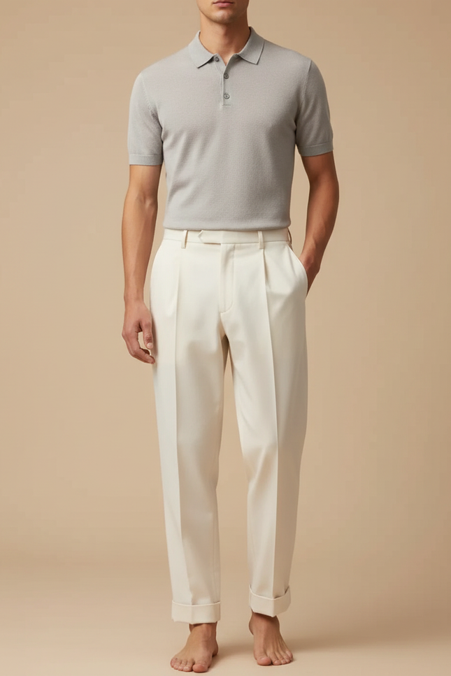 Pantalon À Pince Crème Plissé Large Élégant Homme - Beige Gabardine