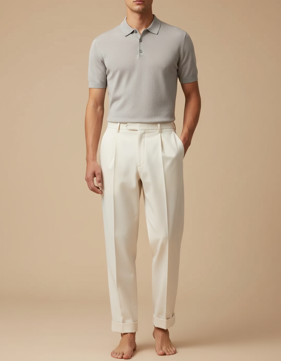 Pantalon À Pince Crème Plissé Large Élégant Homme - Beige Gabardine
