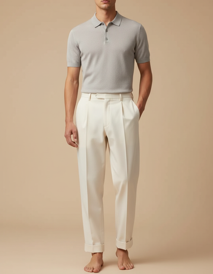 Pantalon À Pince Crème Plissé Large Élégant Homme - Beige Gabardine