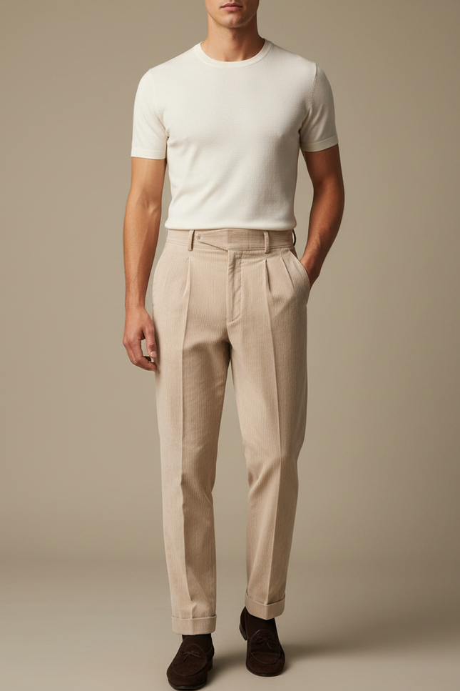 Pantalon À Pince Beige Côtelé Plissé Droit Homme - Cordé