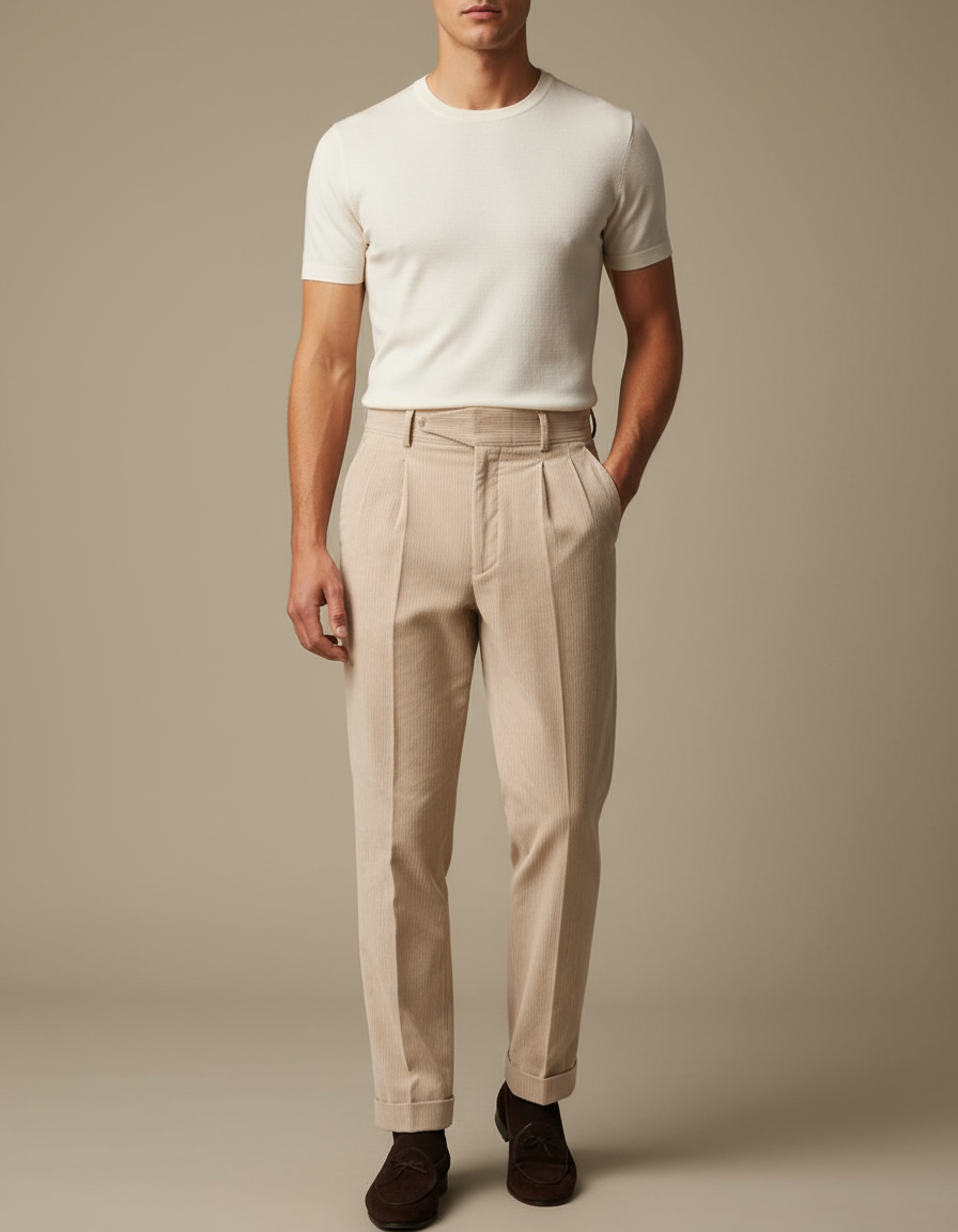 Pantalon À Pince Beige Côtelé Plissé Droit Homme - Cordé