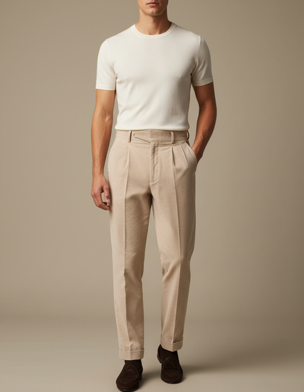 Pantalon À Pince Beige Côtelé Plissé Droit Homme - Cordé