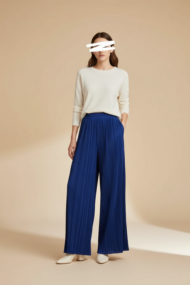 Pantalon À Pince Bleu Plissé Ample Fluide Élégant - Polyester