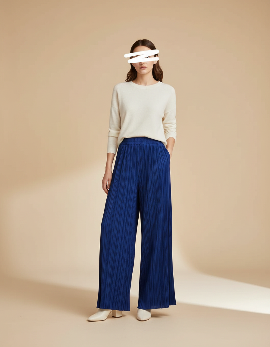 Pantalon À Pince Bleu Plissé Ample Fluide Élégant - Polyester