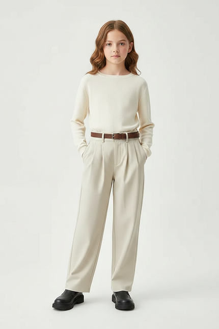 Pantalon À Pince Beige Ample Plissé Enfant - Gabardine