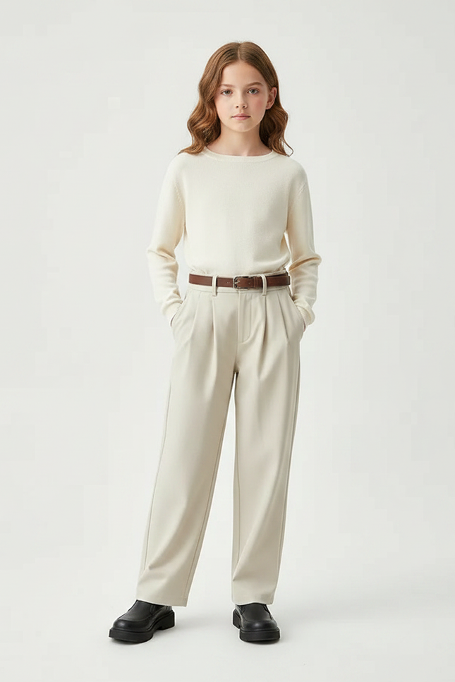 Pantalon À Pince Beige Ample Plissé Enfant - Gabardine