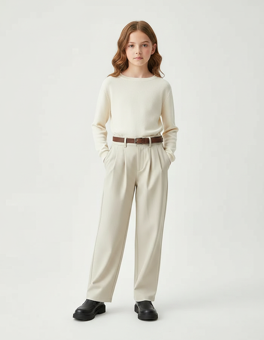 Pantalon À Pince Beige Ample Plissé Enfant - Gabardine