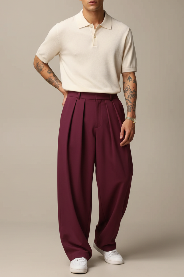 Pantalon À Pince Bordeaux Ample Plissé Décontracté Homme - Gabardine
