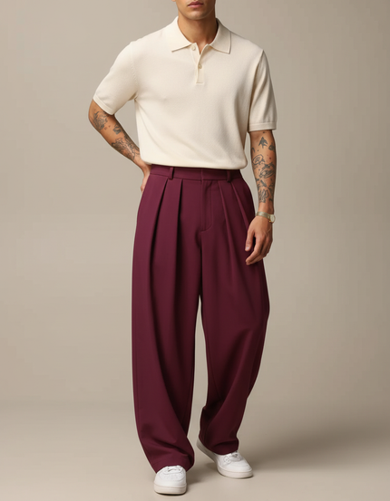 Pantalon À Pince Bordeaux Ample Plissé Décontracté Homme - Gabardine