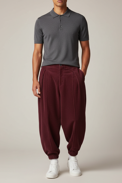 Pantalon À Pince Bordeaux Côtelé Plissé Décontracté Homme - Cordé