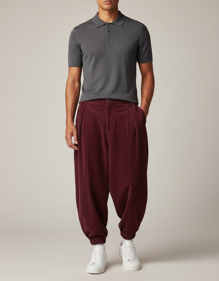 Pantalon À Pince Bordeaux Côtelé Plissé Décontracté Homme - Cordé