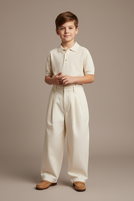 Pantalon À Pince Écru Ample Décontracté Enfant - Beige Toile