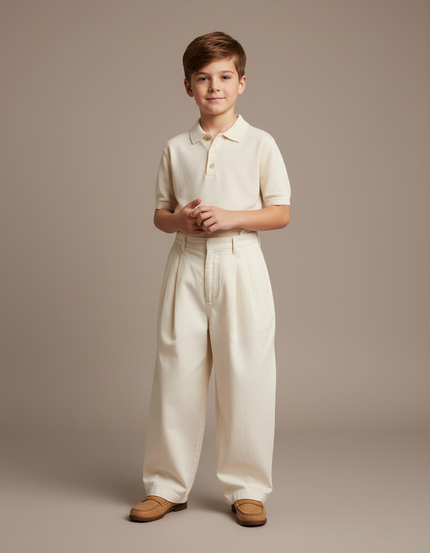 Pantalon À Pince Écru Ample Décontracté Enfant - Beige Toile