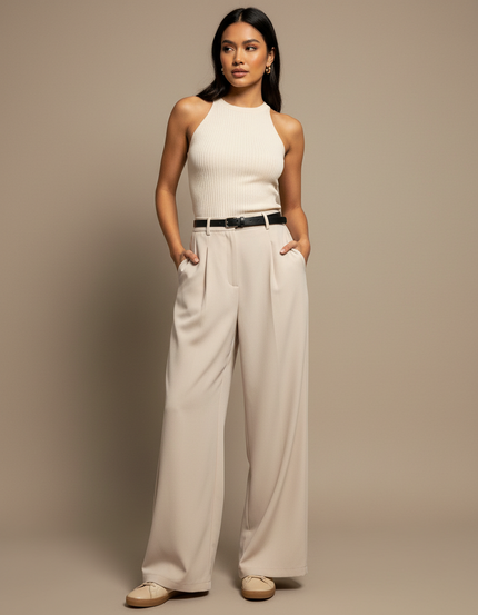 Pantalon À Pince Beige Ample Fluide Décontracté - Polyester