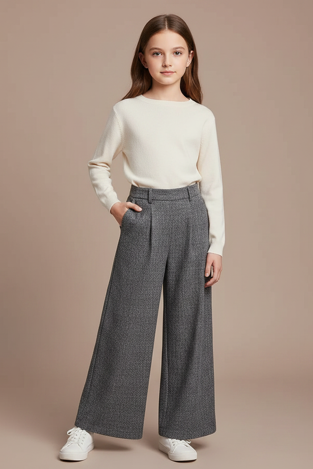 Pantalon À Pince Gris Ample Texturé Décontracté - Tweed