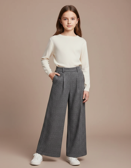 Pantalon À Pince Gris Ample Texturé Décontracté - Tweed