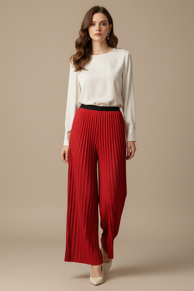 Pantalon À Pince Plissé Rouge Ample Fluide Élégant - Polyester