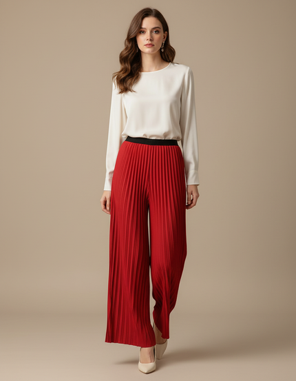 Pantalon À Pince Plissé Rouge Ample Fluide Élégant - Polyester