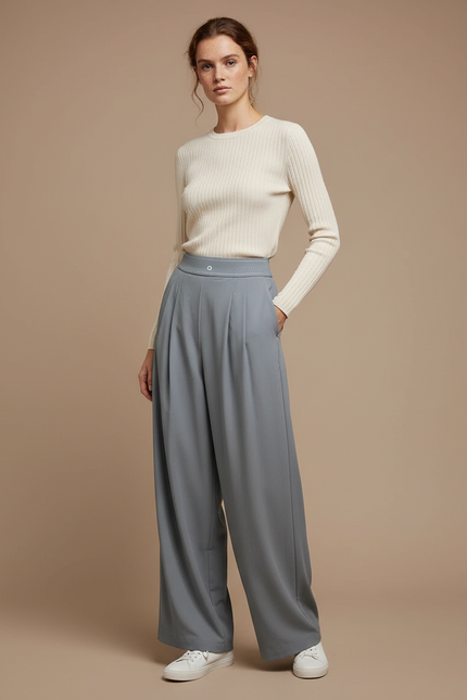 Pantalon À Pince Fluide Gris Décontracté Femme - Polyester