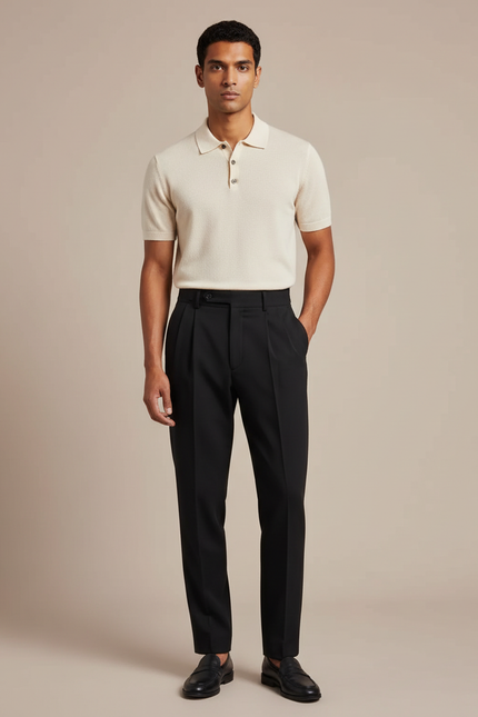 Pantalon À Pince Noir Plissé Coupe Droite Homme - Gabardine