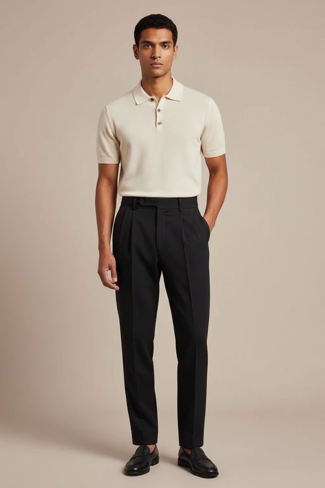 Pantalon À Pince Noir Plissé Coupe Droite Homme - Gabardine
