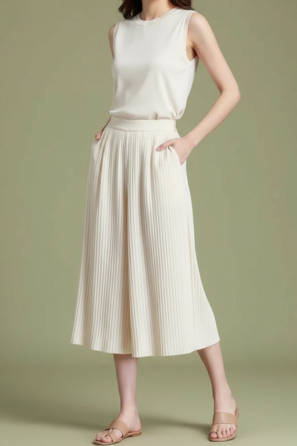 Pantalon À Pince Plissé Beige Fluide Élégant Femme - Polyester
