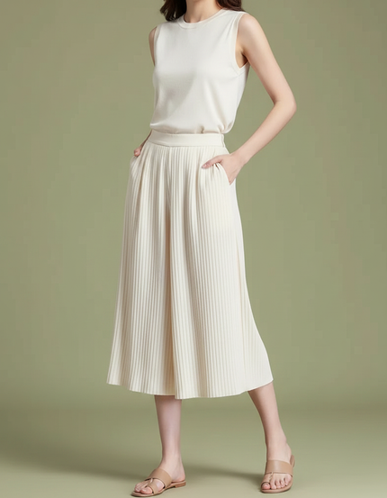 Pantalon À Pince Plissé Beige Fluide Élégant Femme - Polyester