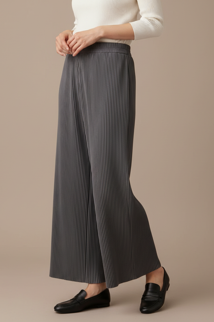 Pantalon À Pince Plissé Gris Fluide Décontracté Femme - Polyester
