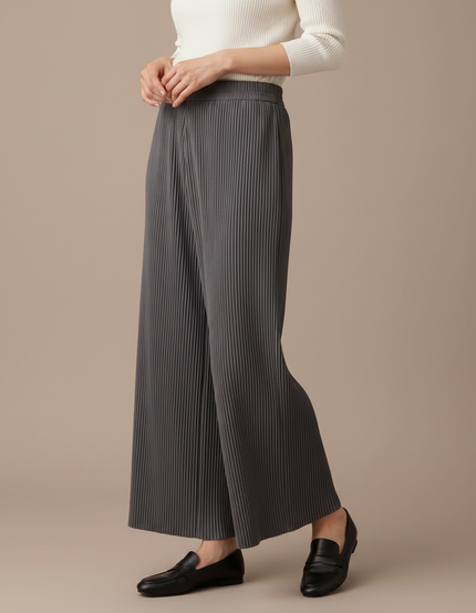 Pantalon À Pince Plissé Gris Fluide Décontracté Femme - Polyester