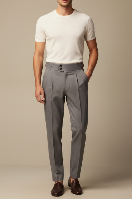 Pantalon À Pince Gris Plissé Slim Ceinturé Homme - Laine