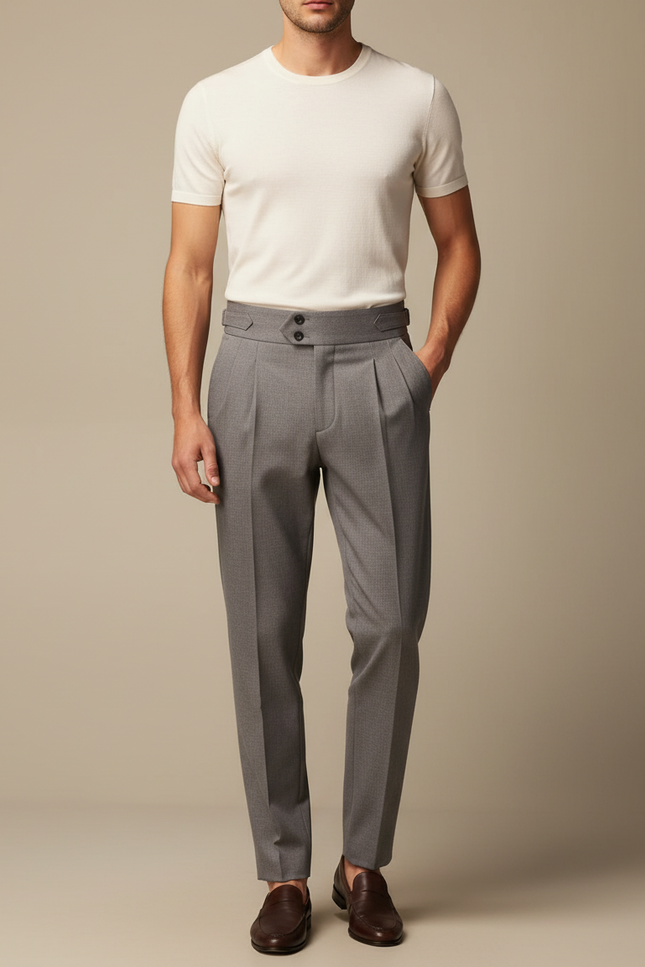 Pantalon À Pince Gris Plissé Slim Ceinturé Homme - Laine