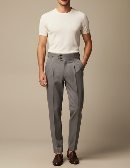 Pantalon À Pince Gris Plissé Slim Ceinturé Homme - Laine