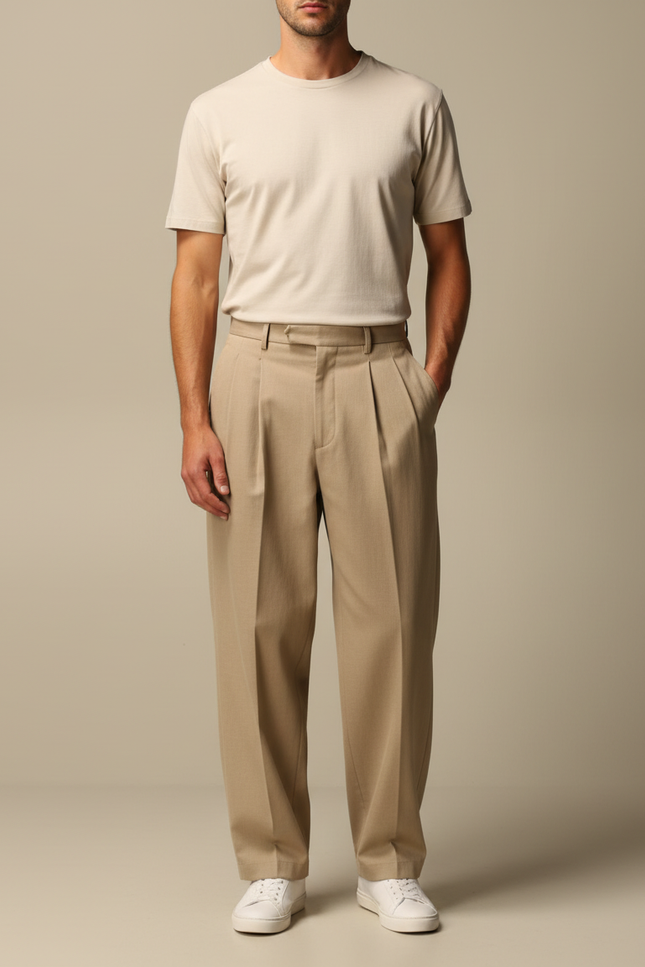Pantalon À Pince Beige Coton Plissé Ample Homme Chic