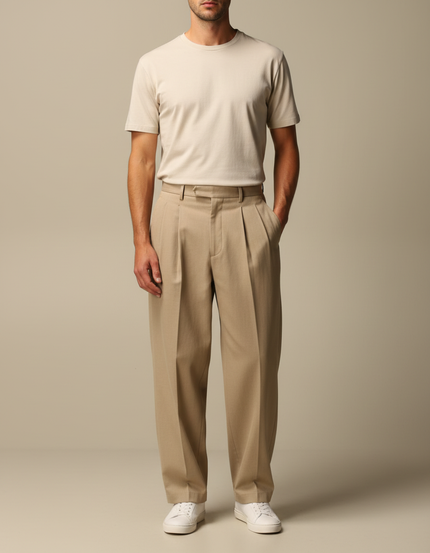 Pantalon À Pince Beige Coton Plissé Ample Homme Chic