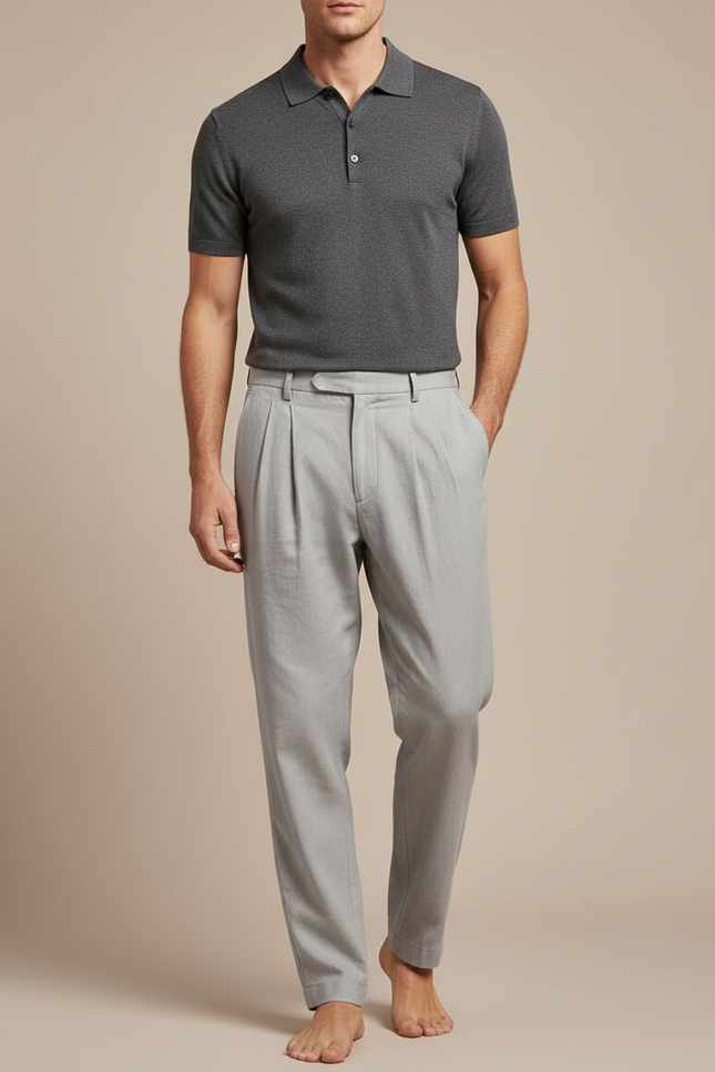 Pantalon À Pince Gris Clair Plissé Droit Coton Homme - Lin